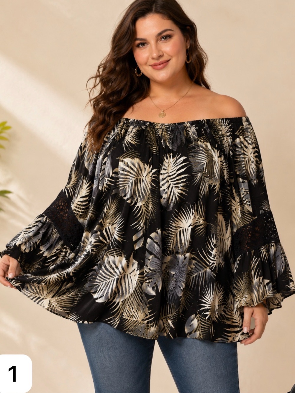 Black & White Tropical Botanical Boho Off-Shoulder Flare Flowy Lace Blouse 2XL